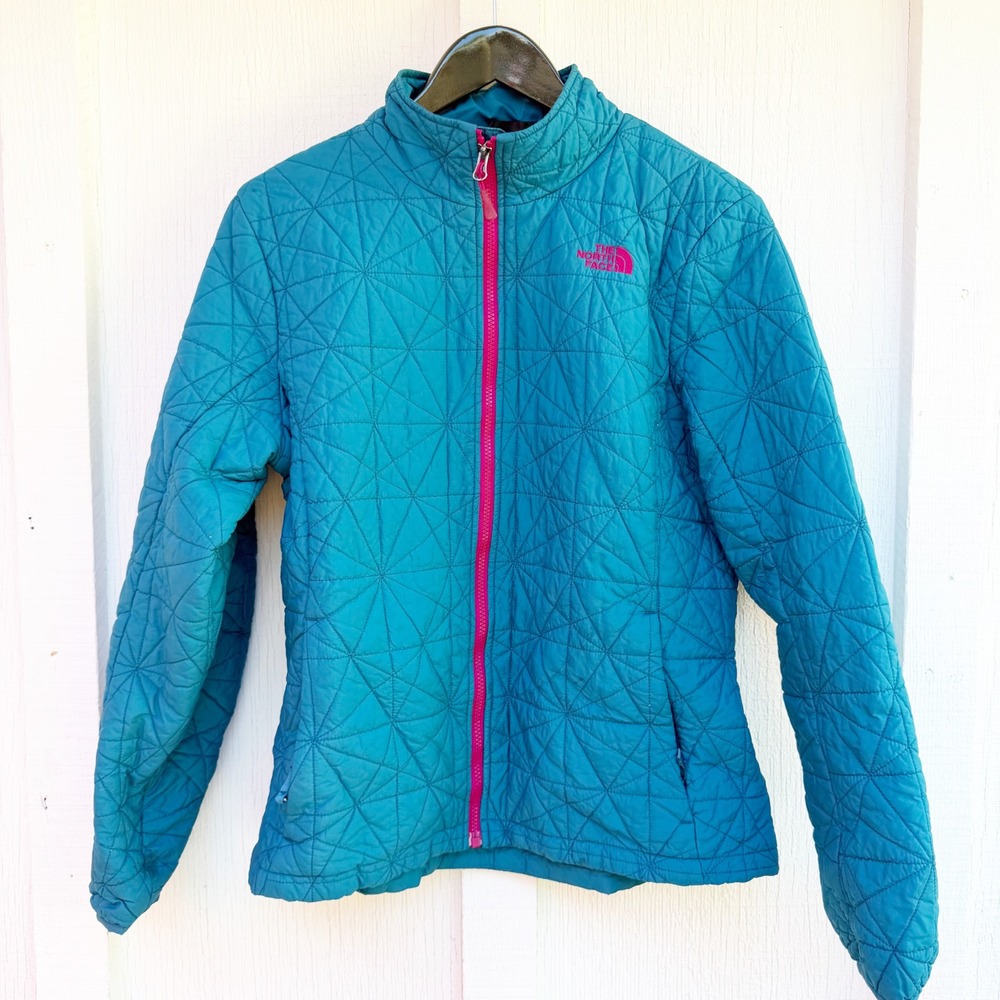 The North Face Womens XL Teal Blue Starburst Quilted Full Zip Jacket Pink Logo